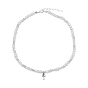 13"  2" Extension White Cultured Freshwater Pearl and Silver Bead Necklace with Cross Drop