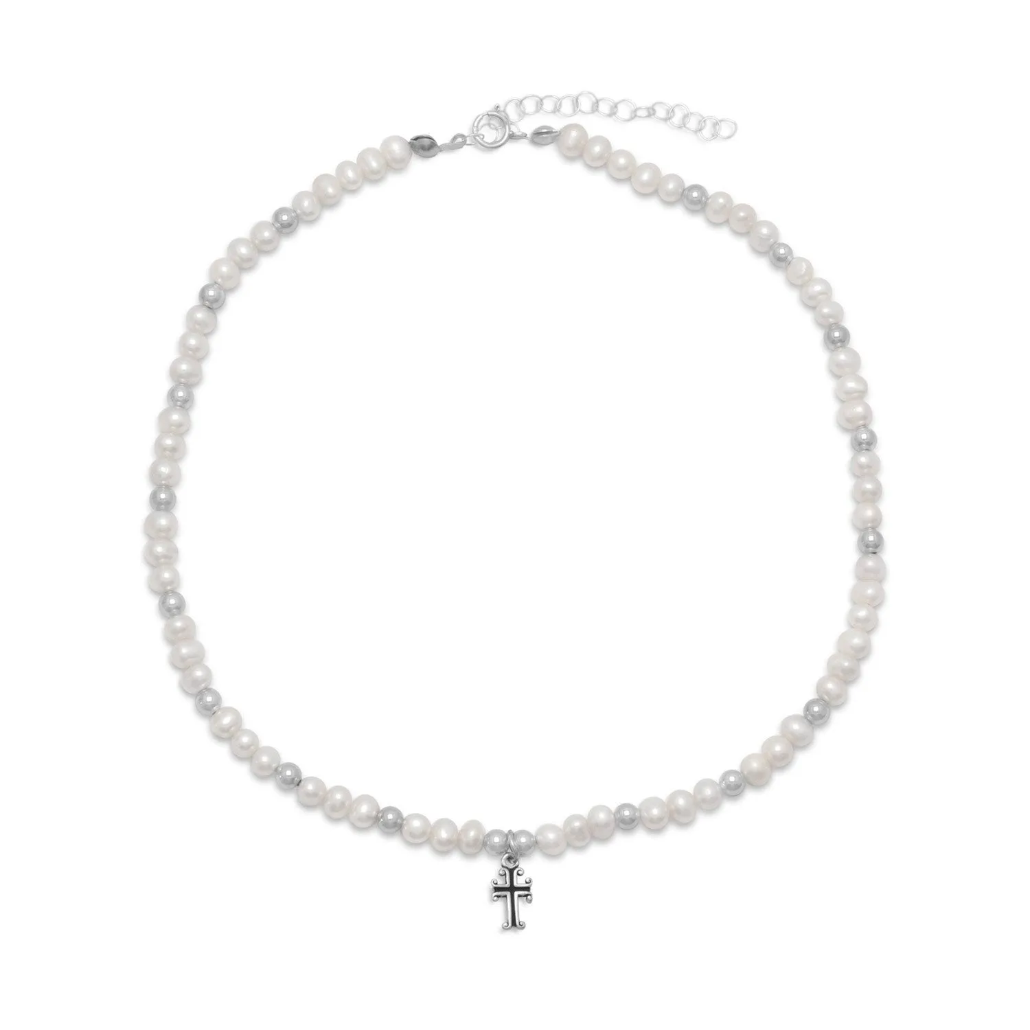 13"  2" Extension White Cultured Freshwater Pearl and Silver Bead Necklace with Cross Drop