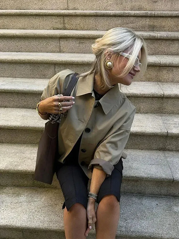 Back To School Joskaa Solid Single Breasted Lapel Women's Short Cropped Coat Chic Long Sleeves Loose Windbreak Ladies New Office High Street Outerwear