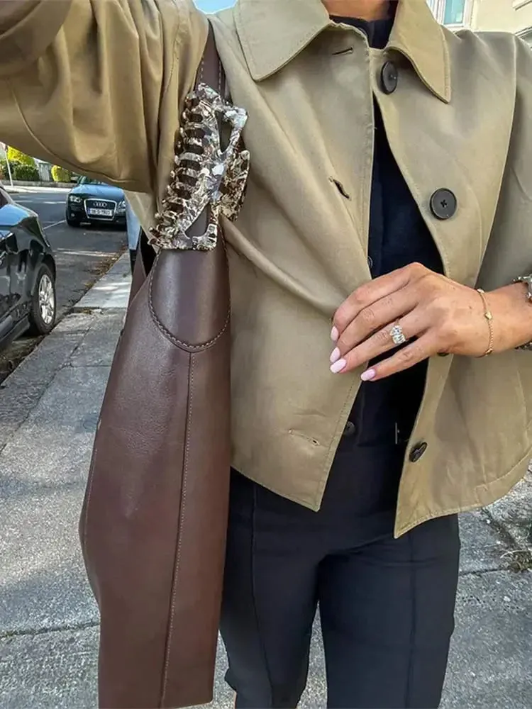 Back To School Joskaa Solid Single Breasted Lapel Women's Short Cropped Coat Chic Long Sleeves Loose Windbreak Ladies New Office High Street Outerwear