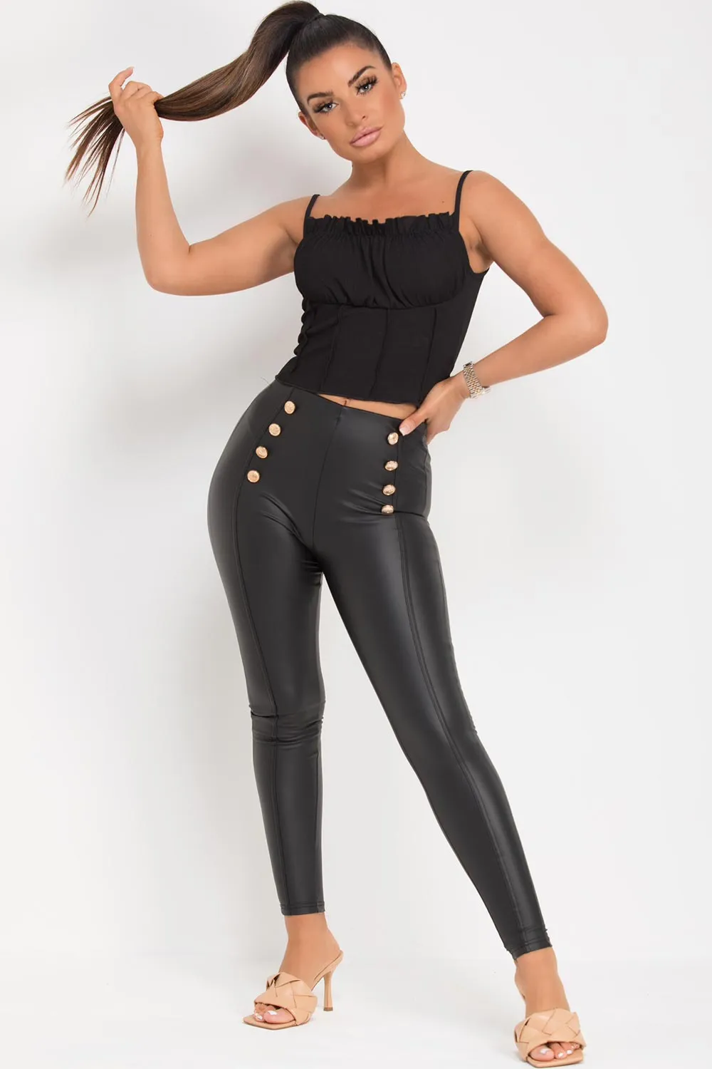 Black Faux Leather High Waist Leggings With Gold Buttons