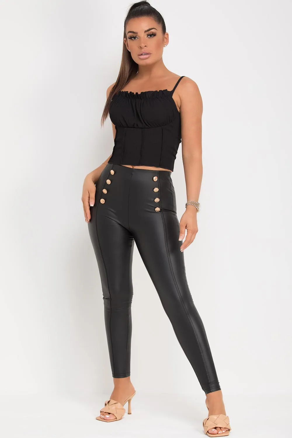 Black Faux Leather High Waist Leggings With Gold Buttons