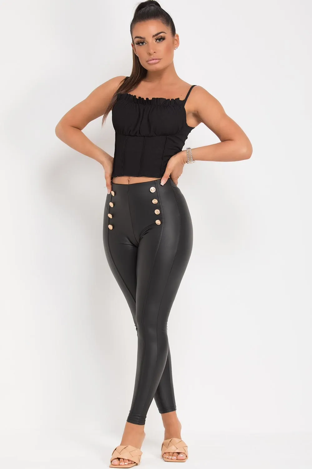 Black Faux Leather High Waist Leggings With Gold Buttons
