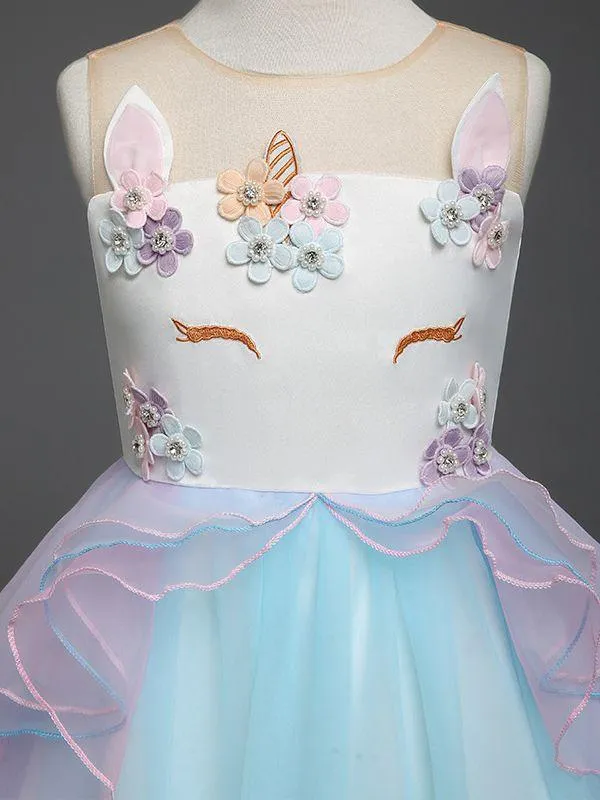 Blue and Purple Trendy Flower Unicorn Pattern Princess Dress Summer Tulle Lace Party Dress