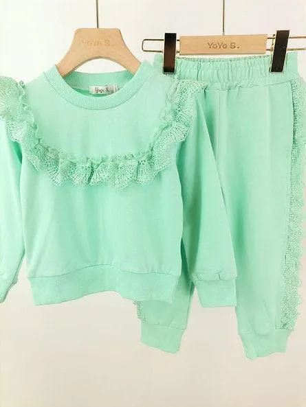 CLEARANCE DEAL - Loungewear - Girls Mint Embroidery Frill Tracksuit