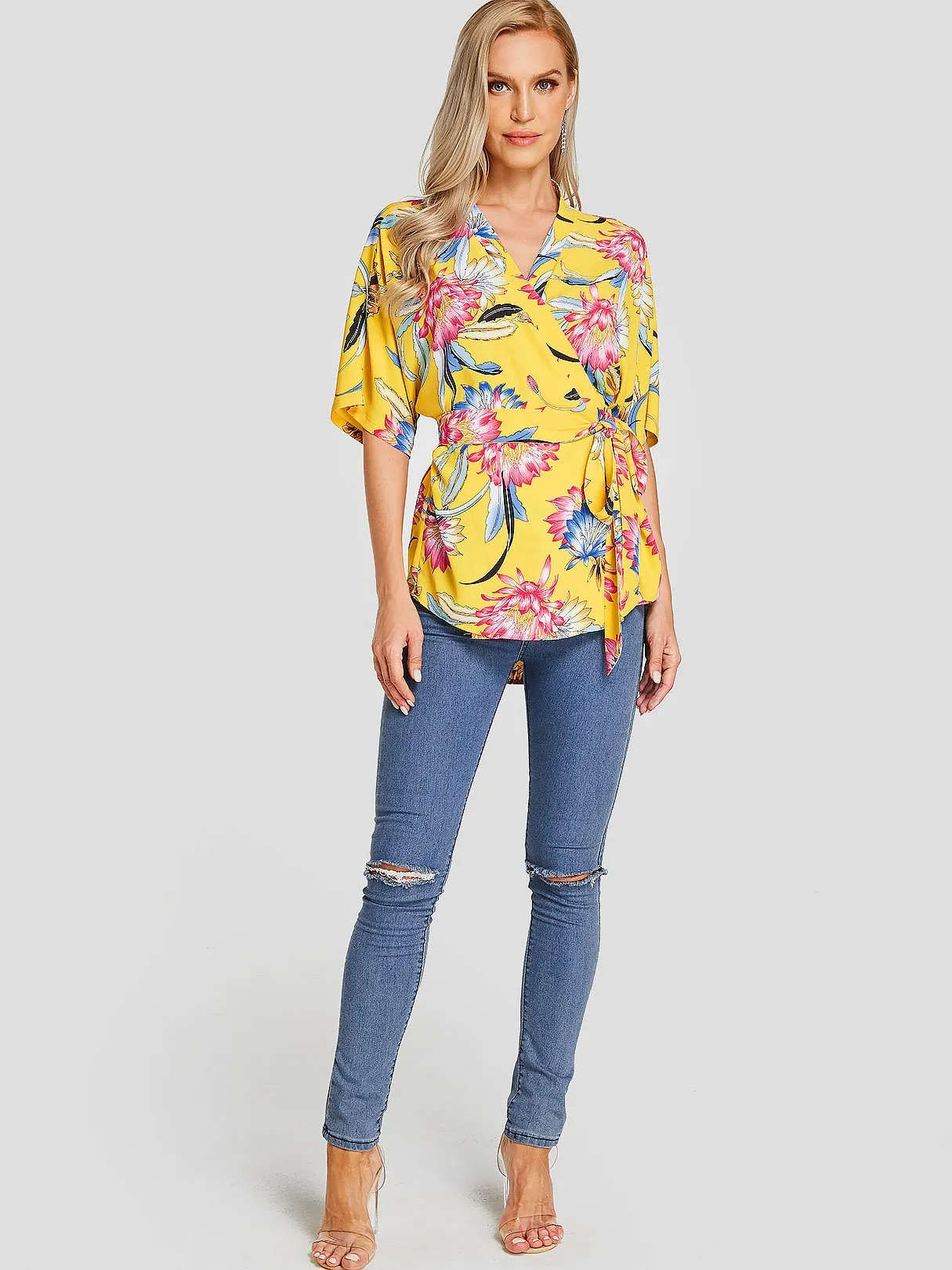 Custom V-Neck Floral Print Self-Tie Half Sleeve Yellow Blouses