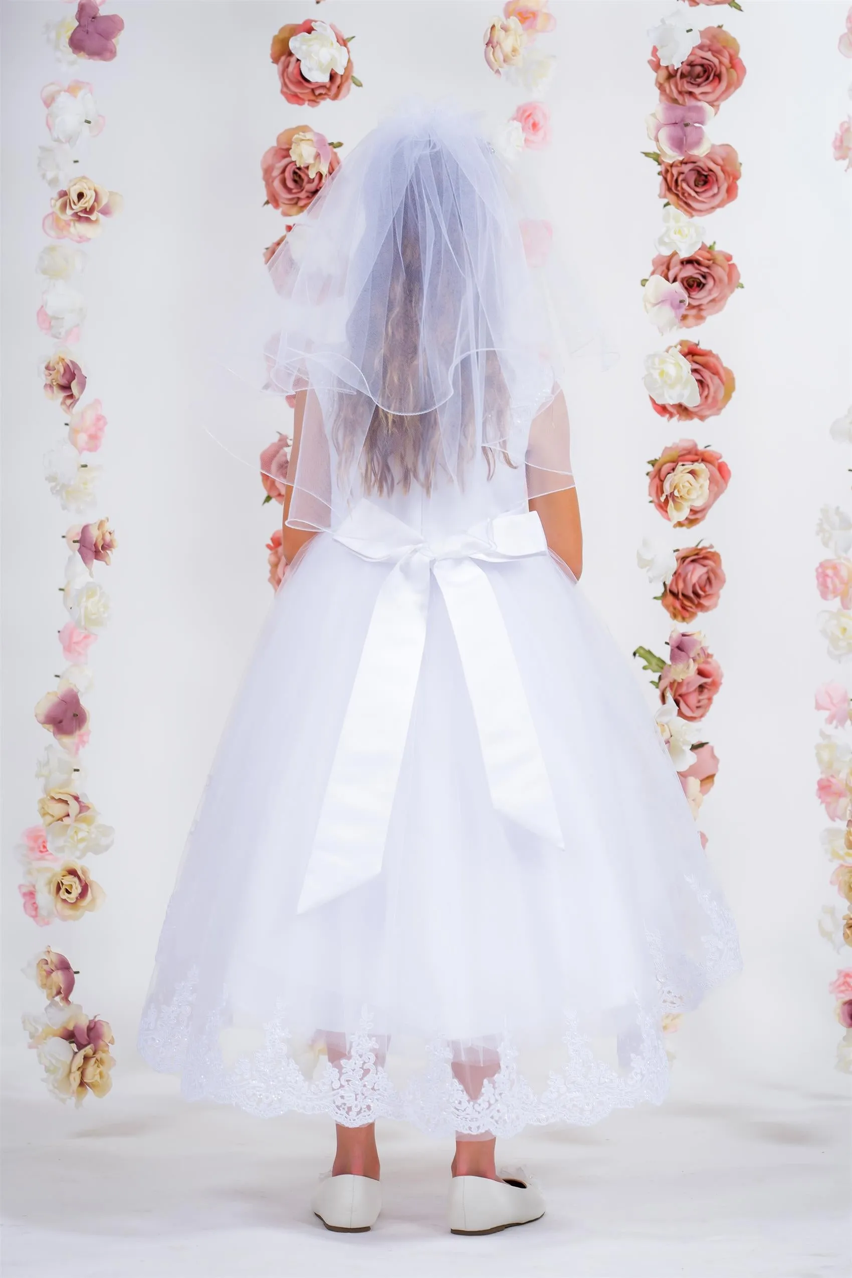 Lace Appliqué Swoop Train First Communion Dress 7008
