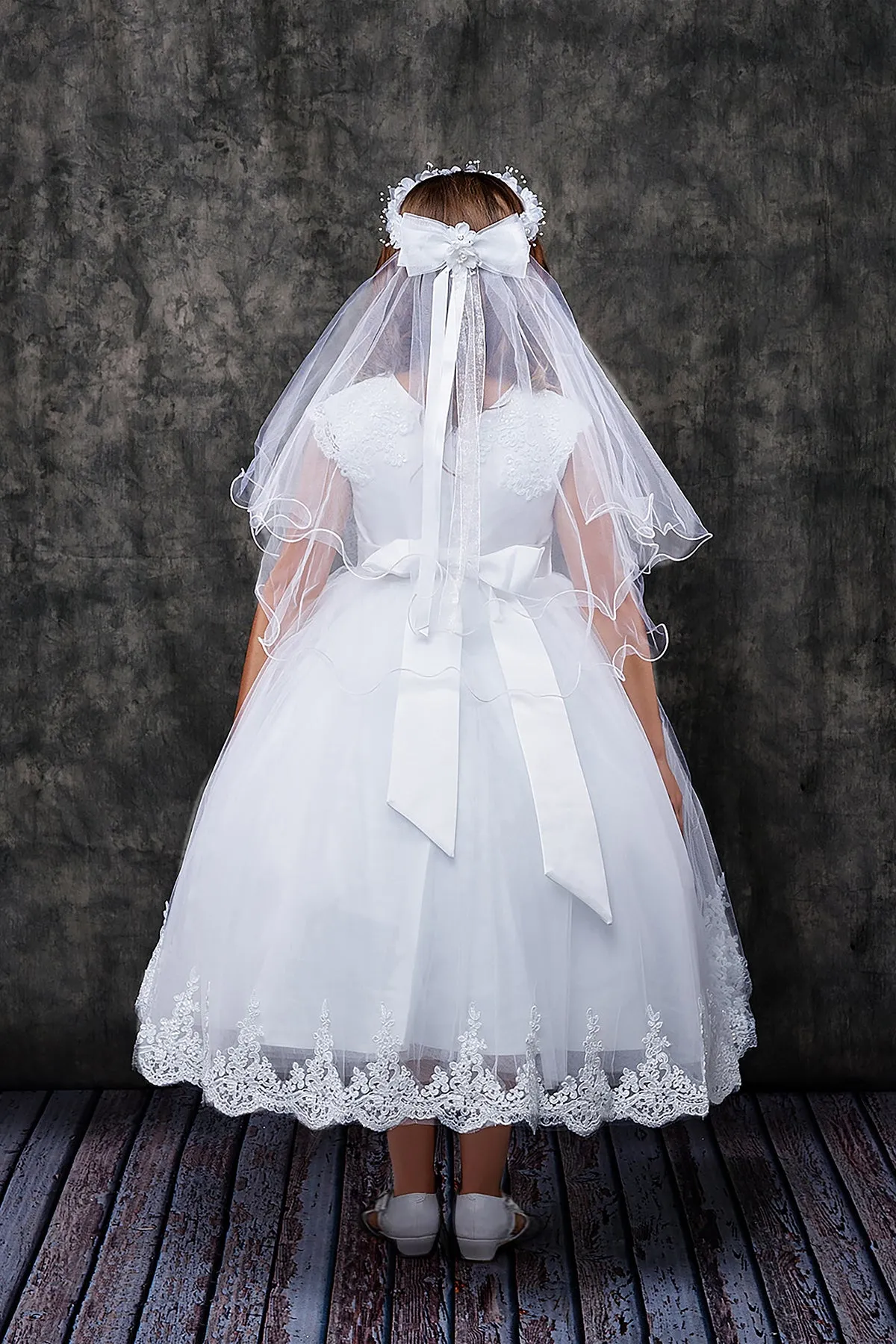 Lace Appliqué Swoop Train First Communion Dress 7008