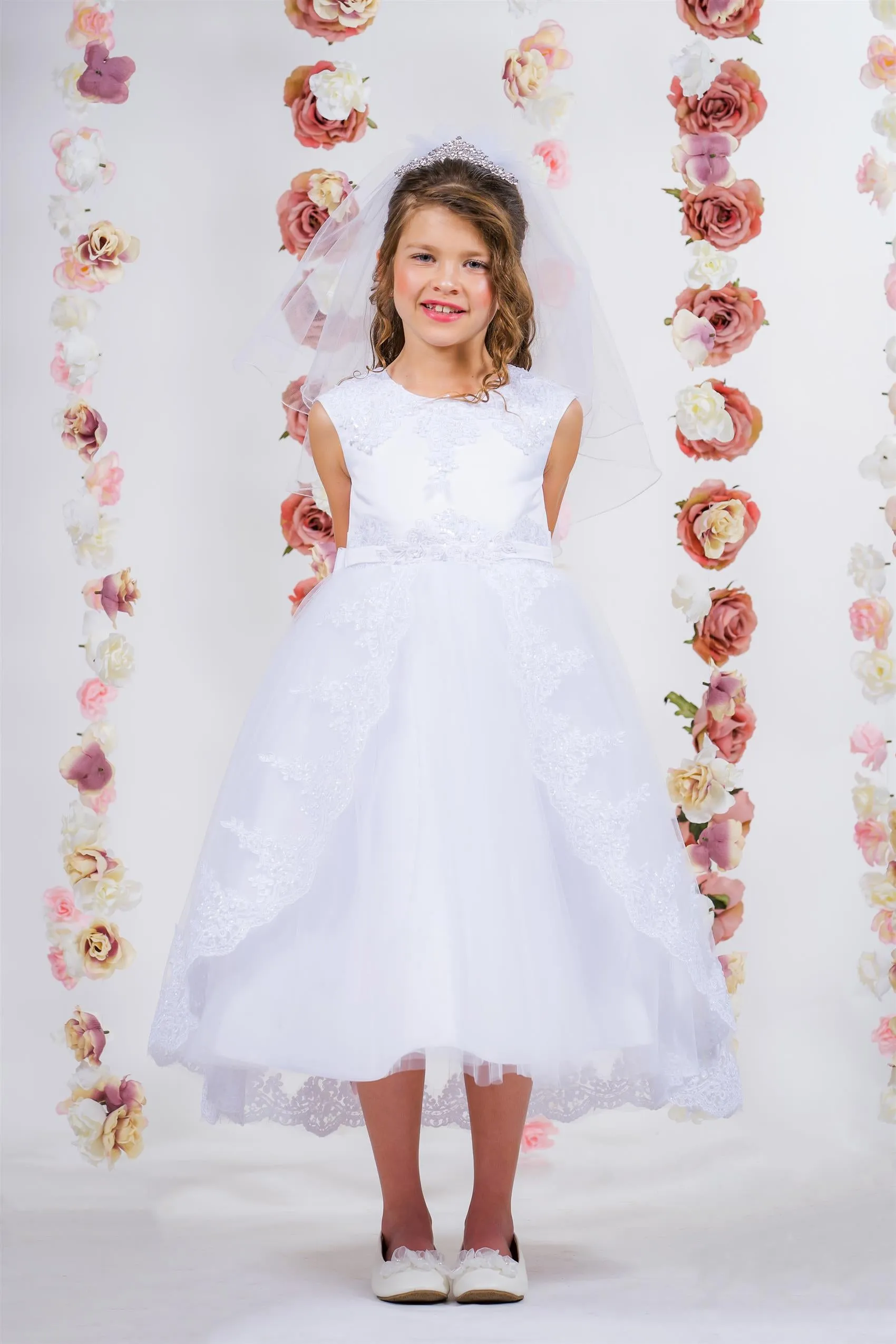 Lace Appliqué Swoop Train First Communion Dress 7008