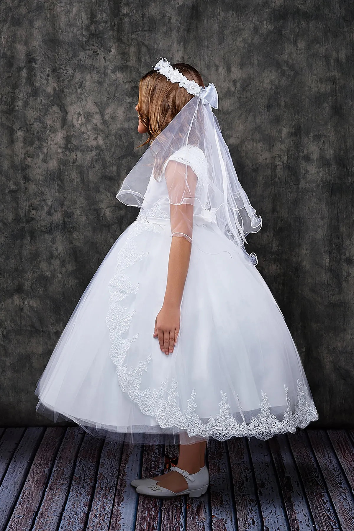 Lace Appliqué Swoop Train First Communion Dress 7008