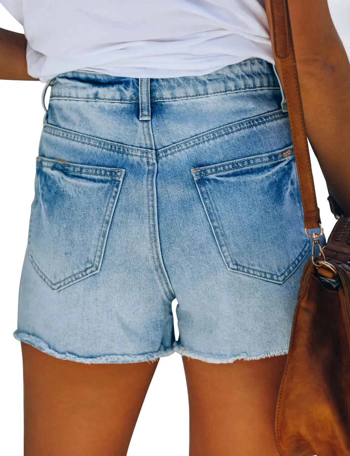 Light Blue High Waist Ruched Hem Distressed Denim Shorts