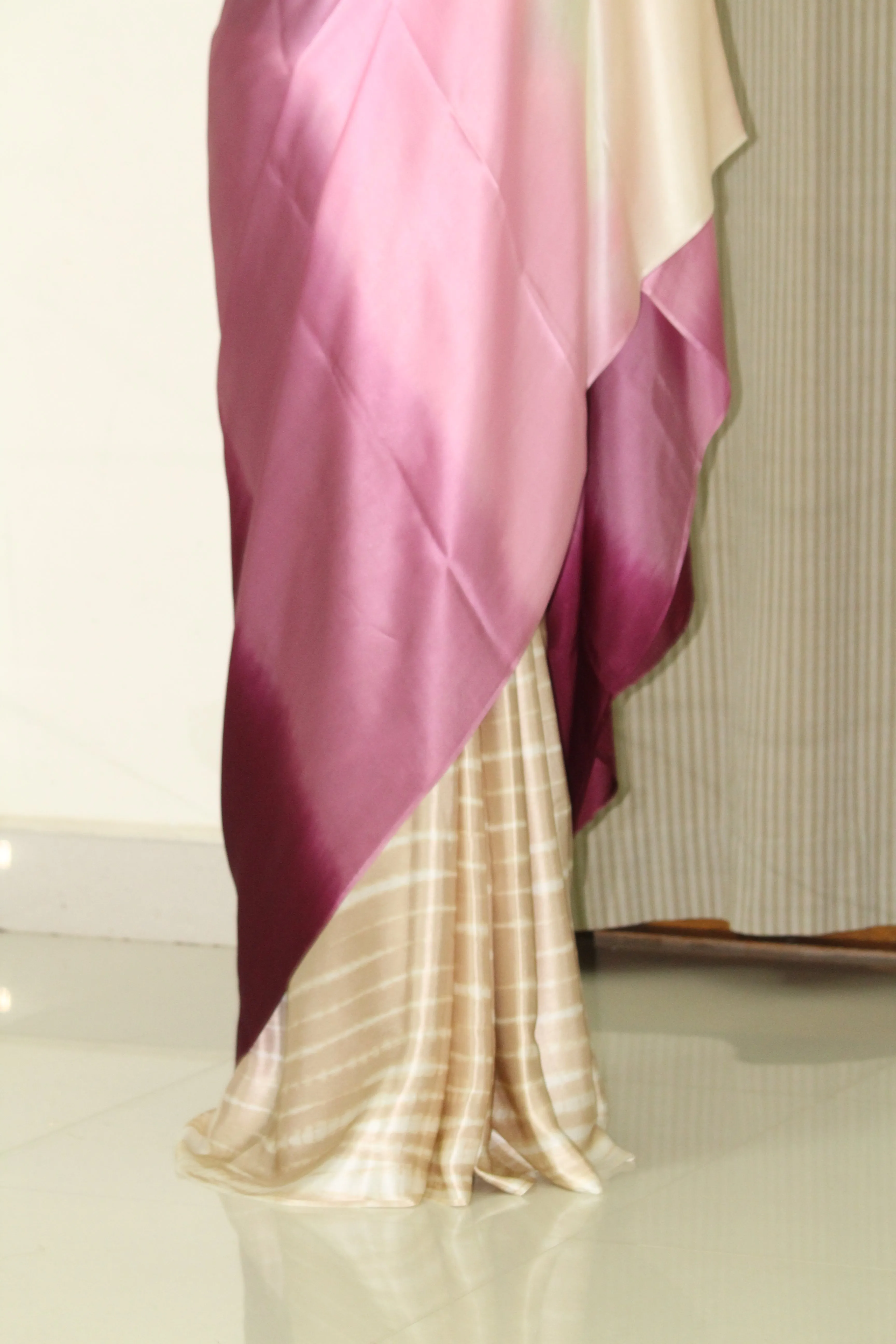 Multishaded tie and dye pure silk satin saree