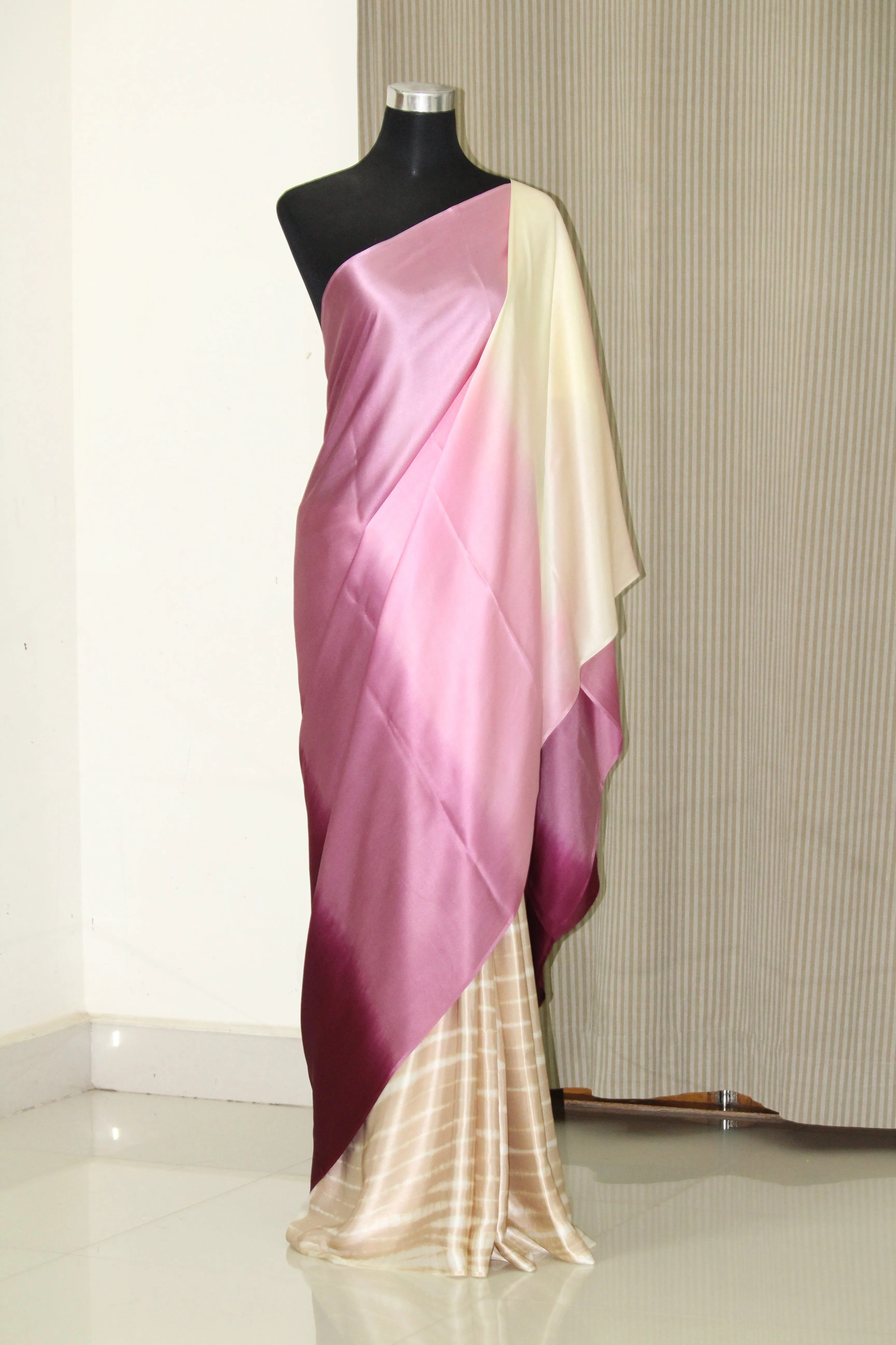 Multishaded tie and dye pure silk satin saree