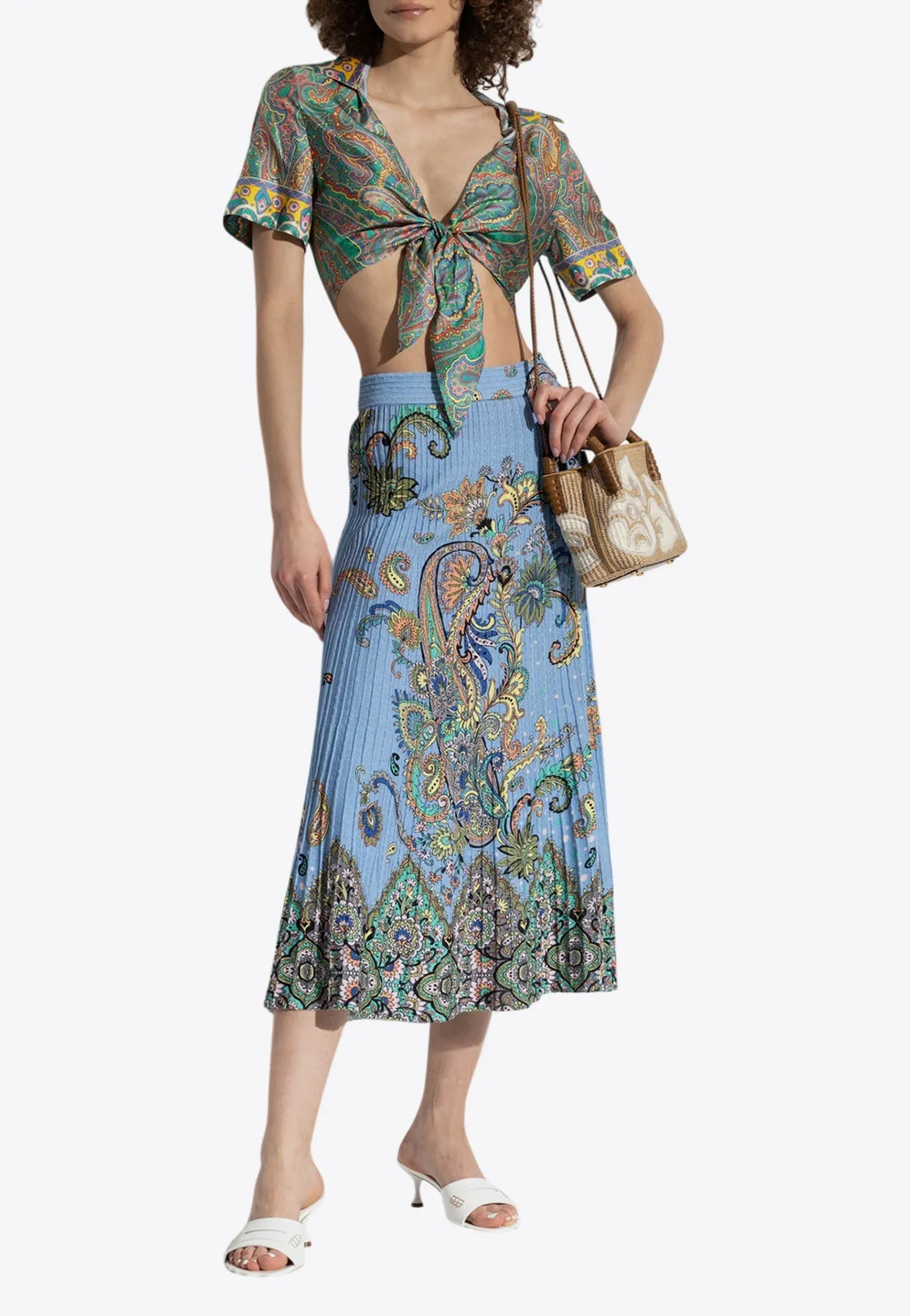 Paisley Print Plisse Midi Skirt