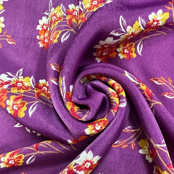 Purple Floral Print Sueded Poly Charmeuse Fabric