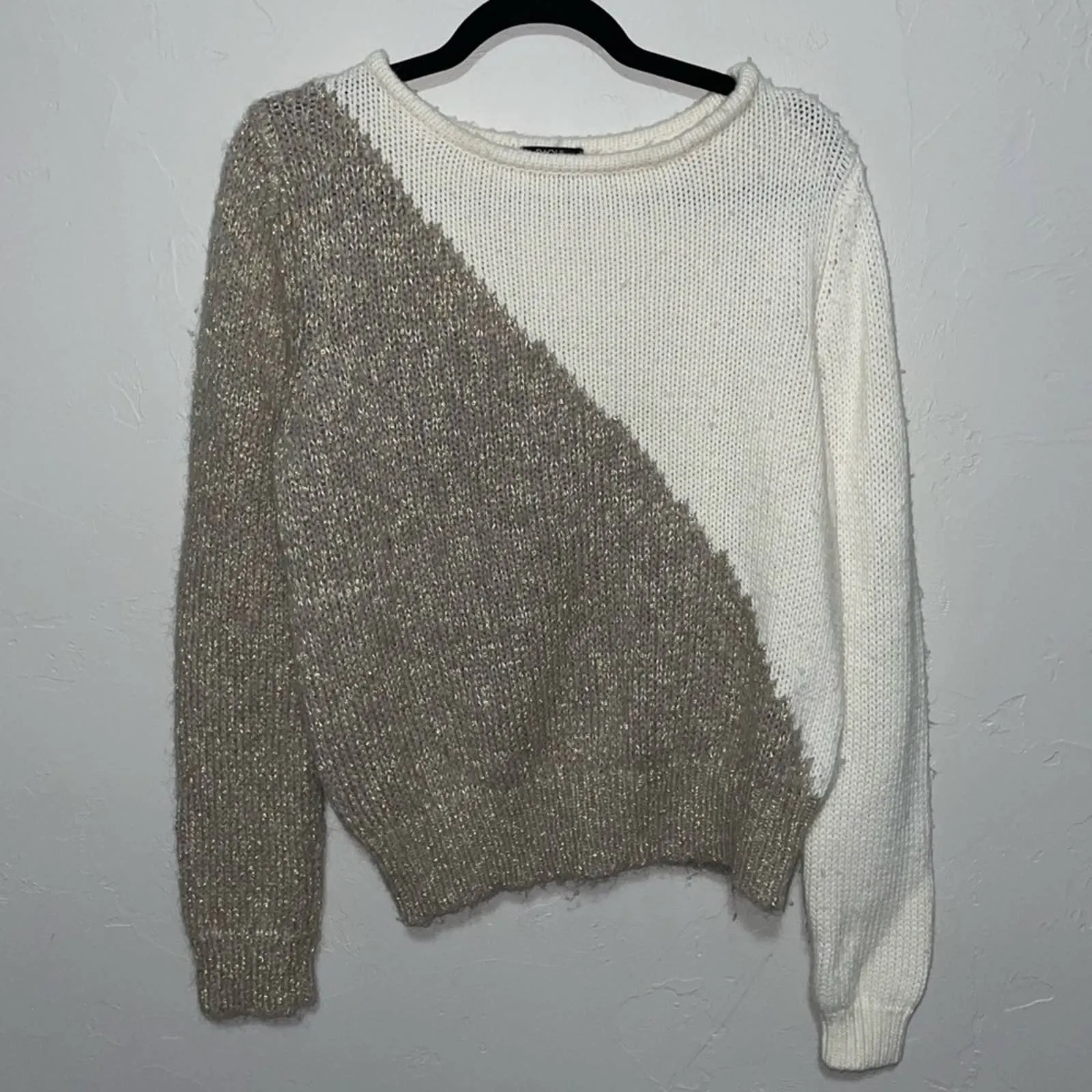 Raoul Wool Chunky Knit Metallic Gold Cream Crew Neck Sweater (Medium)
