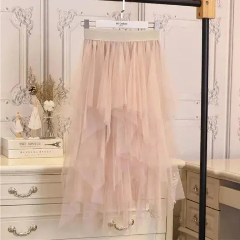Sensual Pleats and Mesh Elegance Women's Ruffled Irregular Fashion Midi Skirts – Korean-inspired Elastic High Waist Tulle Tutu Skirt